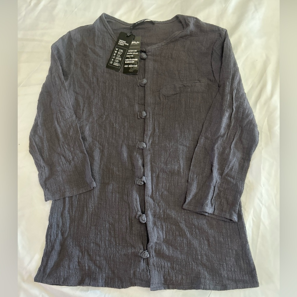 Lightweight Stone Gray Button-Front Blouse